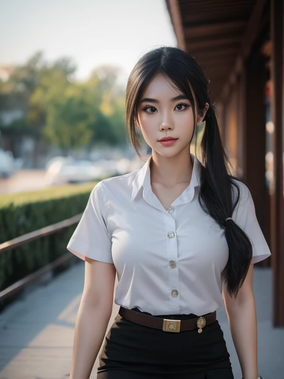 Pretty thai woman solo twin tails hair , (8k, best quality, masterpiece, ultra highres:1.2) Photo of Pretty thai woman beautiful, beautiful enchanting fashion contemporary painting with , (1girl), (white shirt short sleeves), ((black pencil skirt)), belt , blonde hair , realistic skin texture , round chin, 85 mm art lens, f 1. 2, sharp focus, 8 k high definition, insanely detailed, intricate, elegant, large breasts, big breasts , black skirt