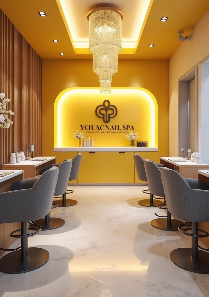 View from of the nail spa with yellow tones accented with gray or white, installed with a warm golden light crystal chandelier, with the spa big logo on the wall behind, some nail desk