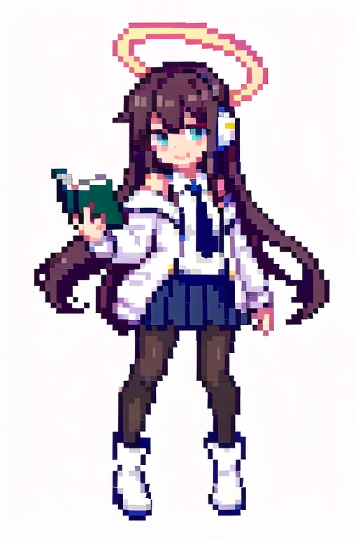 masterpiece, best quality, pixel,pixel art,pixelart,xiangsu,xiang su, noaba, 1girl, solo, pantyhose, long hair, white suit, id card, smile, holding, blue necktie, pleated skirt, white jacket, off shoulder, book, looking at viewer, headphones, open clothes, holding book, mechanical halo, gun, high heel boots, white footwear, 