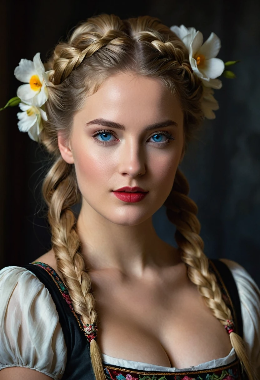 A young woman in the prime of her beauty, her visage suffused with the timeless allure of a Renaissance muse. She stands confidently in a darkened chamber, the dramatic chiaroscuro lighting casting deep shadows that dance across her bare, alabaster skin. Her golden hair is meticulously woven into an elegant French braid that cascades down her back, while a vibrant bollenhut, a traditional German headdress, sits atop her head, adorned with intricate floral embroidery. Her eyes sparkle with mischief as she winks with one cerulean eye, the other hidden beneath a playful sweep of long lashes. A crimson smear of lipstick graces her full, inviting lips, matching the rich tones of the dirndl that wraps snugly around her waist, revealing her all-natural, unblemished breasts that rest gently against the fabric. The garment's folds and patterns are rendered with such hyper-detail that each thread seems to leap from the canvas, a testament to the artist's mastery. The background is a velvety black, allowing her radiant features and the crimson accents of her outfit to pop with vibrancy. The 8k resolution captures every nuance of her form, from the soft curve of her neck to the delicate arch of her foot, while the HDR enhances the depth and realism of the scene. This full-body portrait is a modern reimagining of classical art, suffused with a sense of eroticism that whispers of the painter's admiration for the female form. Her posture and expression are coy yet assertive, beckoning the viewer to join in her silent flirtation. The photorealistic style blurs the line between reality and art, ensnaring the gaze and inviting contemplation of the timeless beauty and seductive power that she embodies.