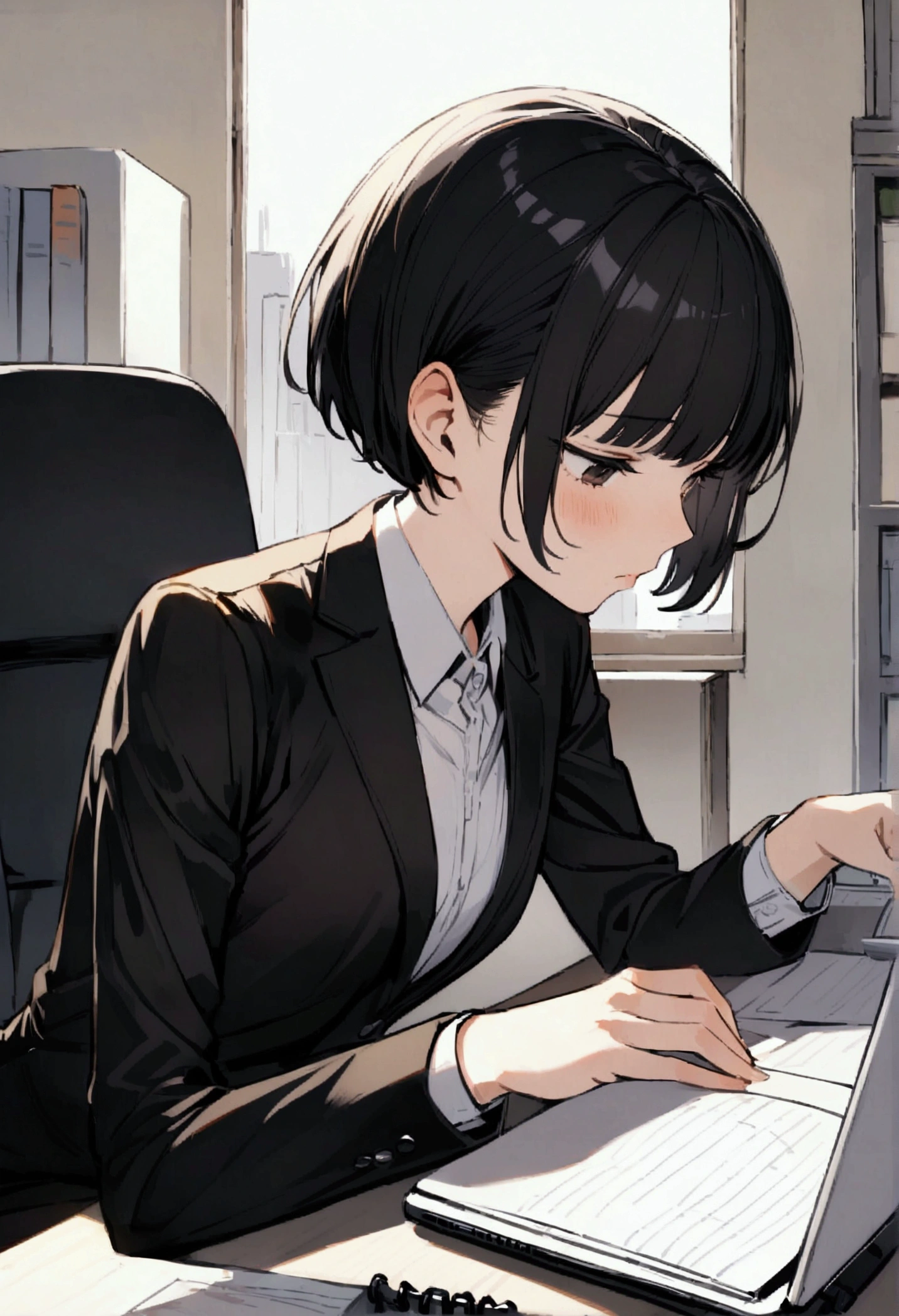 slender,a young girl,pixie cut,black hair,suit,tired,working on laptop,office setting,notebook