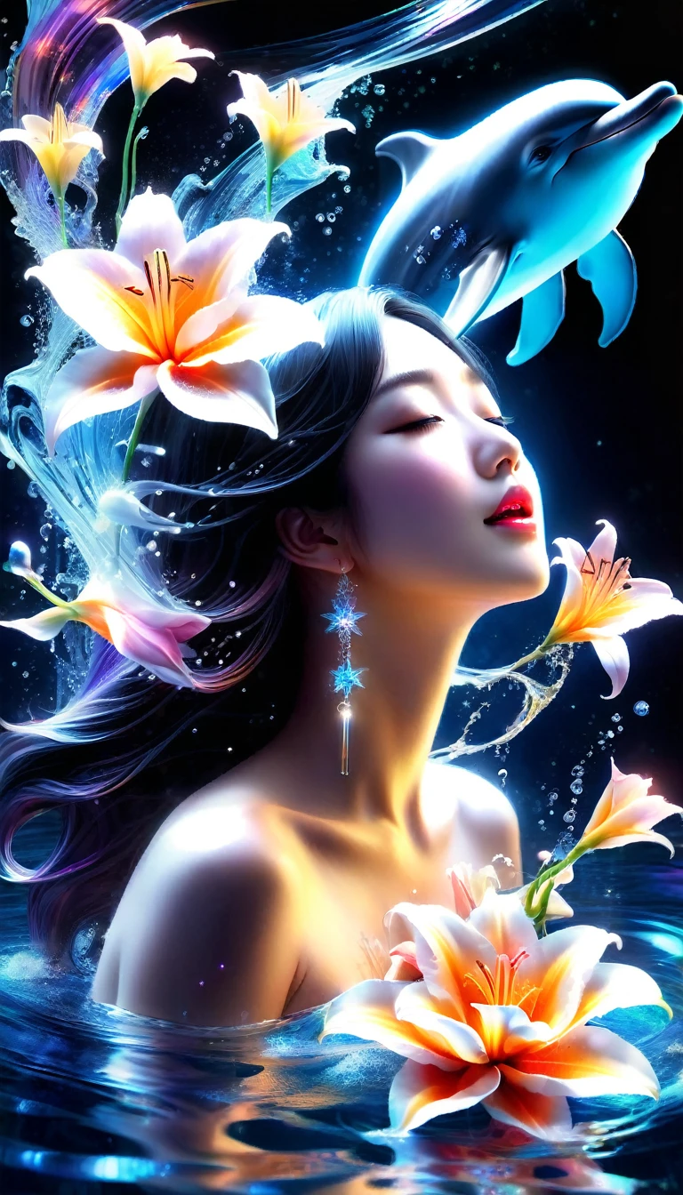 Made by AIS-RCN, 8K Photo, "words, Dolphin, Jump out of the light, Transform your thoughts into delicate works of art.", Supple, Black light、A Japanese girl holding a lily flower and crying