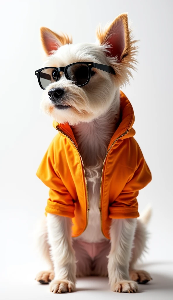 The best mobile wallpaper, Award winning wallpaper, portrait photography, In the front view there is a portrait of a cute dog dressed in modern urban clothes., side view shot, shot with canon EOS R5, Establish a marked contrast that accentuates the subject., white tone, Wearing a very modern coat and sunglasses is a modern 60s style.., Bright colored clothing metallic beautiful white background