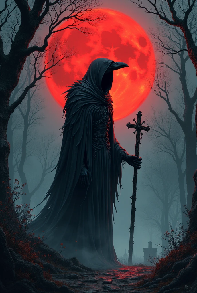 crow,grim Reaper,Red Moon,Cemetery,Dead Tree,forest,cross,Holy Women((The whole body is glowing white))
