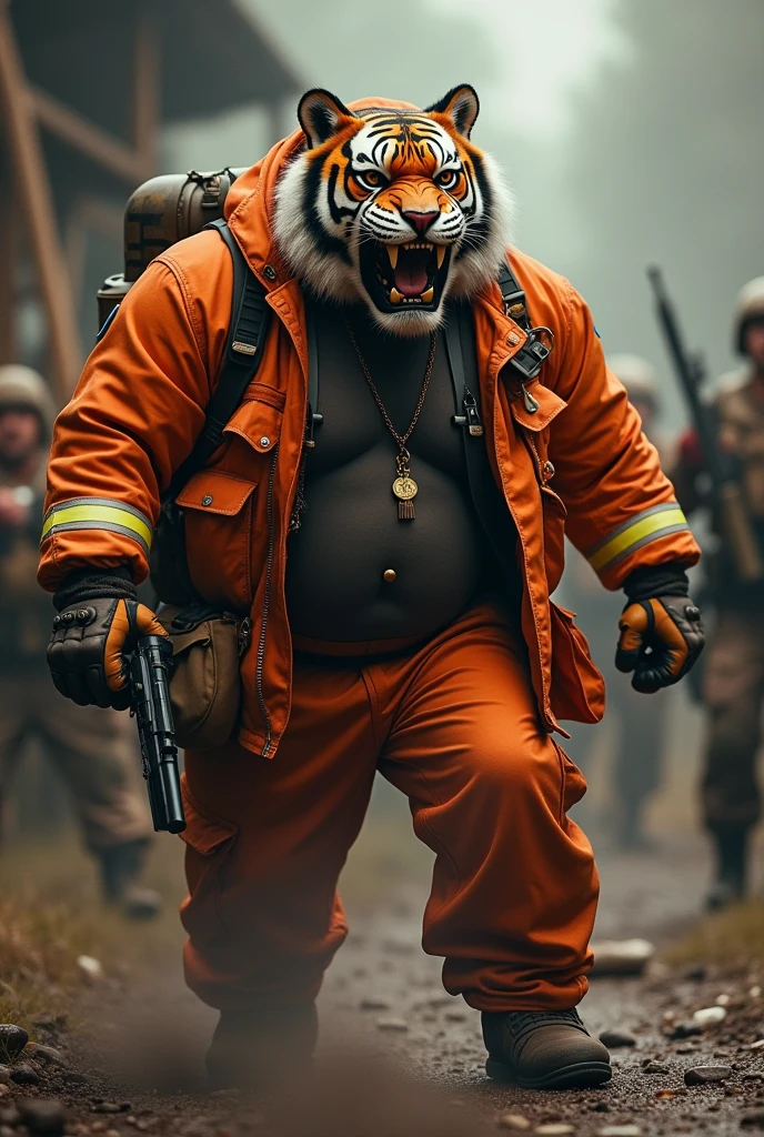 (a dark-skinned fat muscular old man in orange firefighter suit) carrying a gun in right hand, (wearing realistic roaring tiger mask), dynamic action pose, fierce expression, showcasing an imposing stature, surrounded by military elements, dramatic shadows and intense highlights, cinematic color tones, high detail, powerful, art influenced by Bruce Onobrakpeya and Stanley Artgerm, ultra-detailed, best quality image, action-packed atmosphere. fighting stance. 