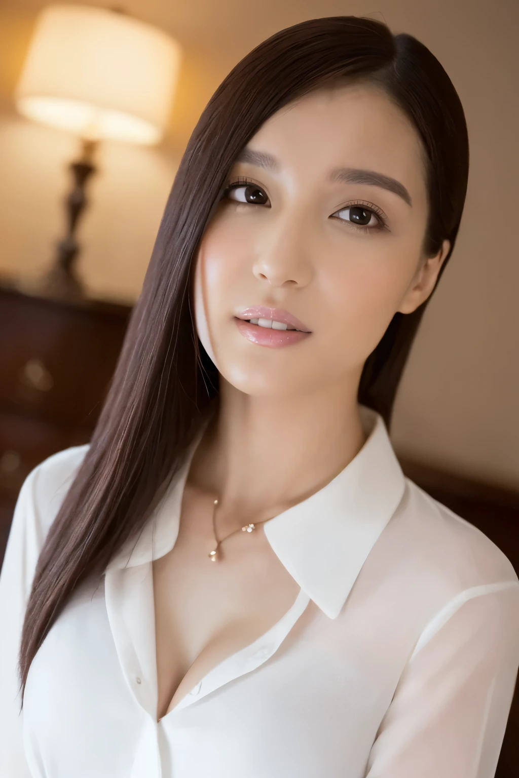 (Highest quality、Tabletop、8k、Best image quality、Award-winning works)、1 Beauty,Great face and eyes, (An ennui look:1.2), (Highly detailed beautiful face), Bright and shiny lips, look at me、Long Straight Hair、(Face close-up:1.3)、(White polyester open office blouse:1.3)、(Perfect and accurate open blouse collar:1.1、(Small cleavage:1.1)、 Accentuate your body lines、Cinema Lighting、(Luxury love hotel bedroom background:1.3)、(The most romantic and moody atmosphere:1.2)、(The moodiest and nastiest lighting:1.2)、(Strongly blurred background:1.2)、(Romantic lighting for epic films:1.1)、(Accurate anatomy:1.1)、(Very white skin:1.2)、(Very nasal:1.2)、(expose forehead:1.1)