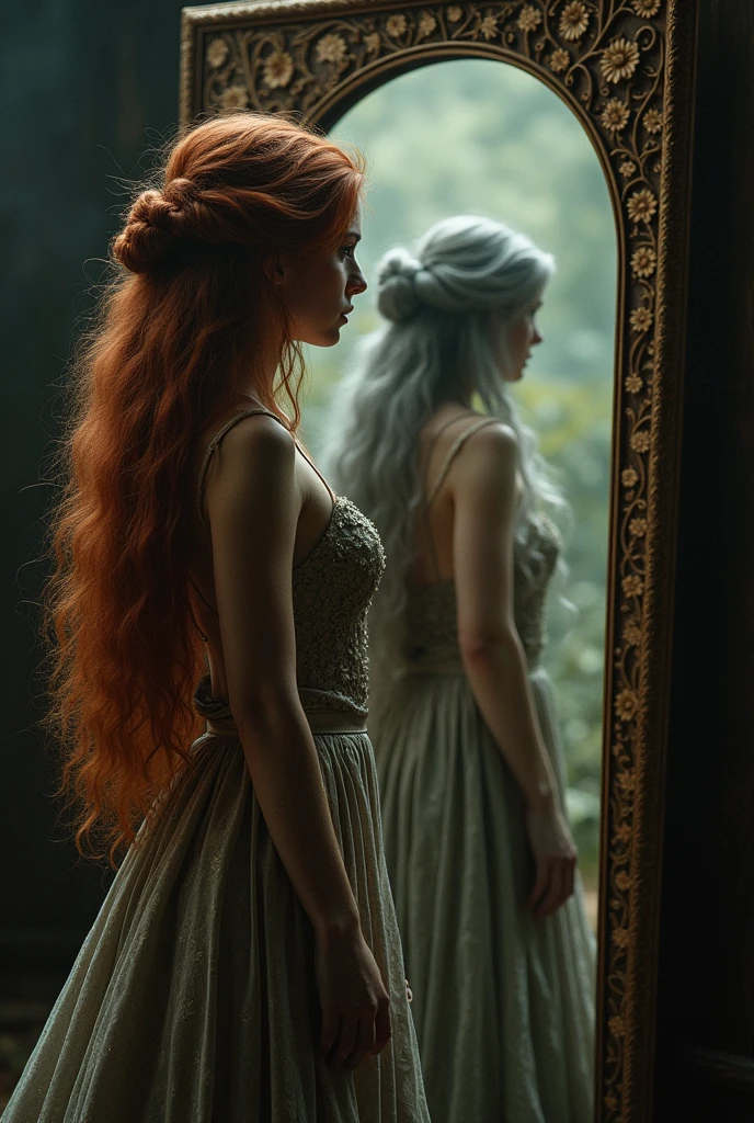 Olena: A 20-year-old with long, flowing reddish-brown hair that cascades down her back, and deep hazel eyes that reflect wisdom beyond her years. She wears an elegant, fantasy-inspired gown, the fabric shimmering with subtle iridescence. Her posture is poised, yet there's an air of vulnerability about her, as if she's caught between worlds.
Mimi: An elderly woman, slightly hunched, with long, wild gray hair that tumbles down her back like a waterfall of silver wearing old worn out clothes.
Setting:Background: A small, dimly lit room that feels both intimate and suffocating. Shadows cling to the corners, and the atmosphere is thick with an unsettling, sorrowful energy.
Lighting and Mood: Dramatic, with sharp contrasts between light and shadow, creating an eerie, almost otherworldly ambiance. The overall mood is dark and melancholic, with an underlying sense of unease.
Mirror:A large, ornate mirror dominates the room, its frame intricately carved with lively, vine-like patterns and delicate flowers that seem almost alive when touched by light. The mirror's surface isn't static; it ripples like water, with waves of light spreading across it as if it holds a living, breathing entity within. The reflection pulses with energy whenever something passes by, giving the sense that it’s a portal to another dimension. The mirror emits a soft, ethereal glow, hinting at the secrets and hidden realms it contains.
Composition: Olean and Mimi standing side by side , in front of the mirror .