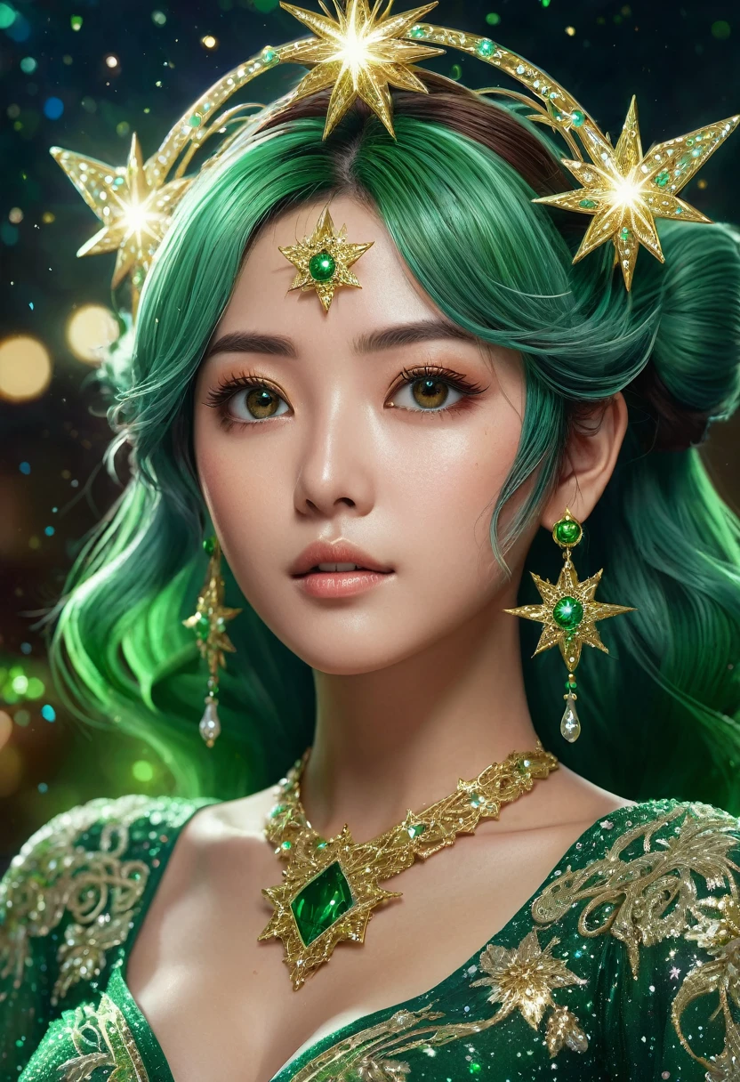 matte painting of a green haired anime girl with sparkling brown eyes with Star motif, wearing a traditional green kebaya, holding hair, her hand is wearing a sparkling green ring, detailed glitter, deep color, fantastic, intricate details, splash screen, complementary colors, fantasy concept art, 8k resolution is trending in Artstation Unreal Engine 5 " glamorous and glittering, with Realistic Glitter Sequined Portrait. 4k, very detail, whole body