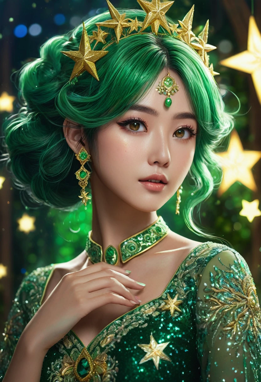 matte painting of a green haired anime girl with sparkling brown eyes with Star motif, wearing a traditional green kebaya, holding hair, her hand is wearing a sparkling green ring, detailed glitter, deep color, fantastic, intricate details, splash screen, complementary colors, fantasy concept art, 8k resolution is trending in Artstation Unreal Engine 5 " glamorous and glittering, with Realistic Glitter Sequined Portrait. 4k, very detail, whole body