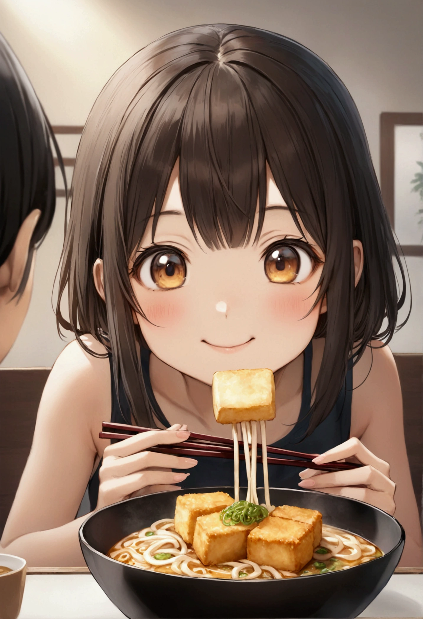 One person,One fox-eared girl,Udon、Square tan fried tofu、,chopsticks,eat, Looks happy、cute、Realistic Anime、