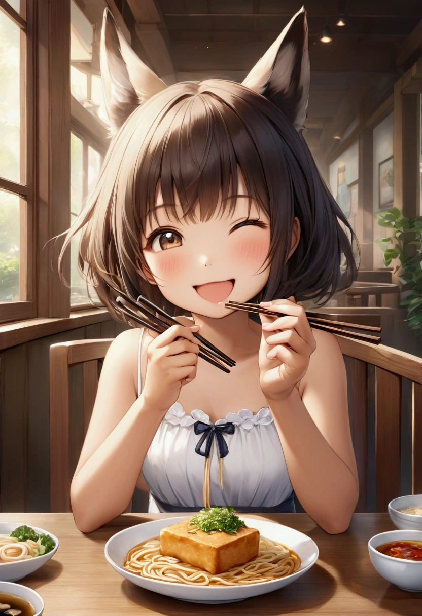 One person,One fox-eared girl,Udon、Square tan fried tofu、,chopsticks,eat, Looks happy、cute、Realistic Anime、