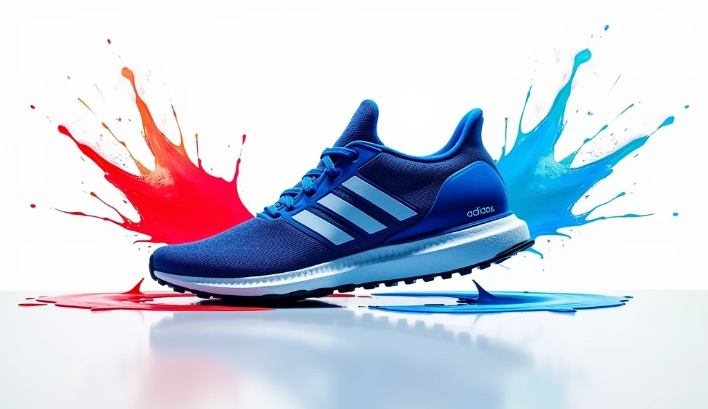Create an image of a blue Adidas running shoe with dynamic splashes of paint around it, symbolizing motion and transformation. The shoe should be the central focus, with red and blue paint splashes that give the impression of the shoe breaking free from its old form