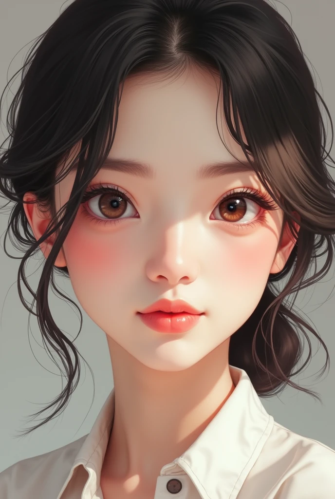 The outline is sharp、Her eyes are round and have beautiful double eyelids.、With a straight and beautiful nose、Thin lips、skin is white、Female college student