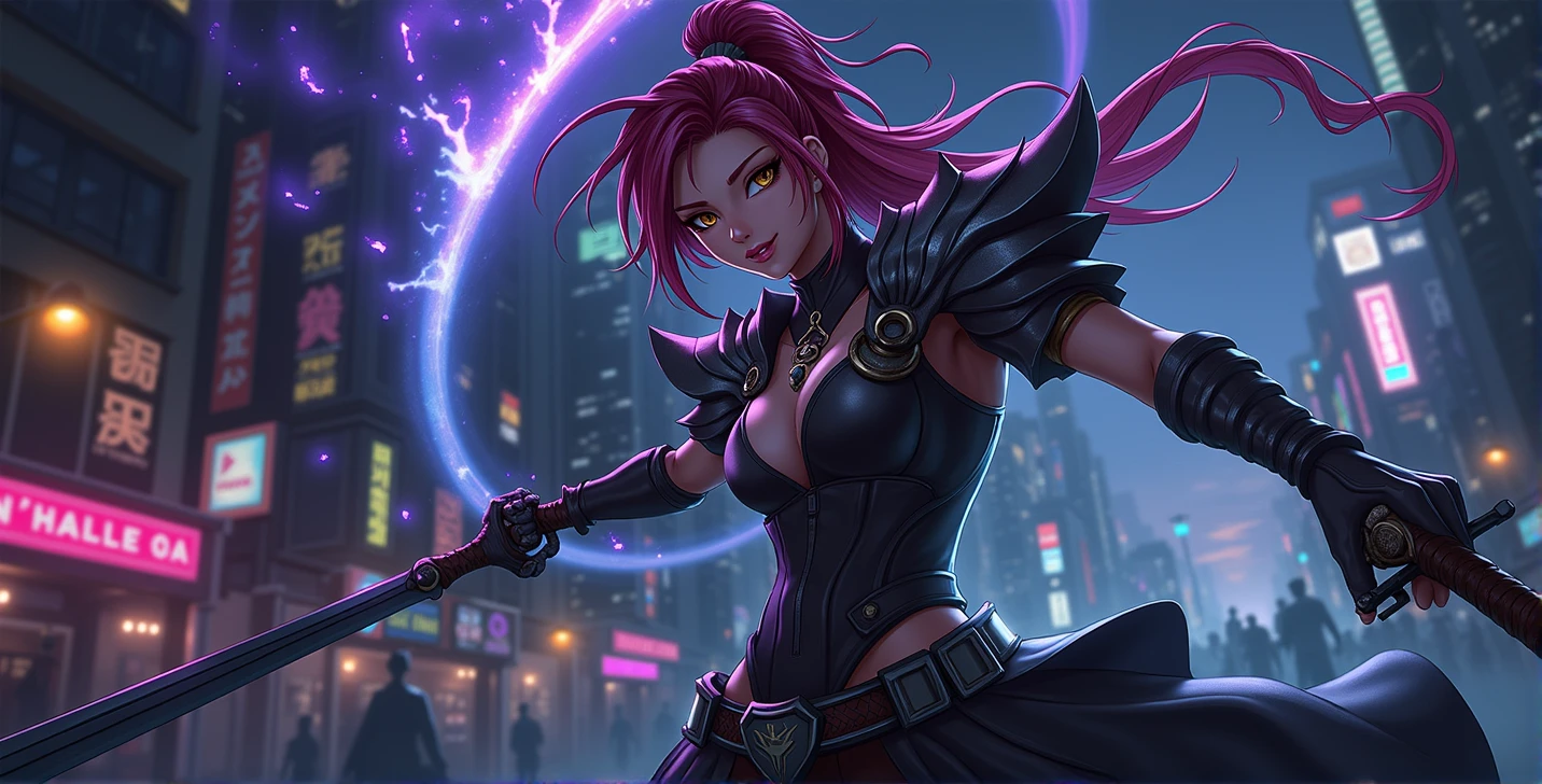Anime character holding a sword in the night city, Alilia, Kada, official splash art, Akali, league of legends splash art, Ashe, iconic character splash art, splash art, Fiona in League of Legends , league of legends splash art, arcane spell, character splash art, wallpaper splash art promo art, riot game concept art