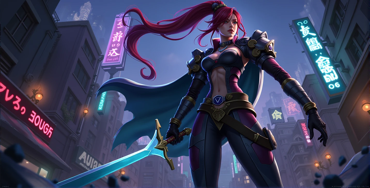 Anime character holding a sword in the night city, Alilia, Kada, official splash art, Akali, league of legends splash art, Ashe, iconic character splash art, splash art, Fiona in League of Legends , league of legends splash art, arcane spell, character splash art, wallpaper splash art promo art, riot game concept art