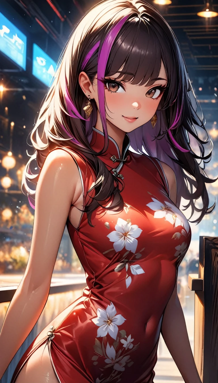 (highest quality:1.2, Very detailed, up to date, Vibrant, Ultra-high resolution, High Contrast, masterpiece:1.2, highest quality, Best aesthetics), Portraiture、girl、((25-years-old:1)), red Cheongsam,loose fit, flower print, Beautiful fine details、Bright colors、Beautiful lip detail, long hair、black and purple ((streaked hair:1.6)), highlights hair: 1.5, brown eyes, gold earrings, ((slim body:1.6)), (small breast:0.4), (dark skin:0.5)), drink cocktail, luxury party venue, happy, (cowboy shot:1), looking viewer