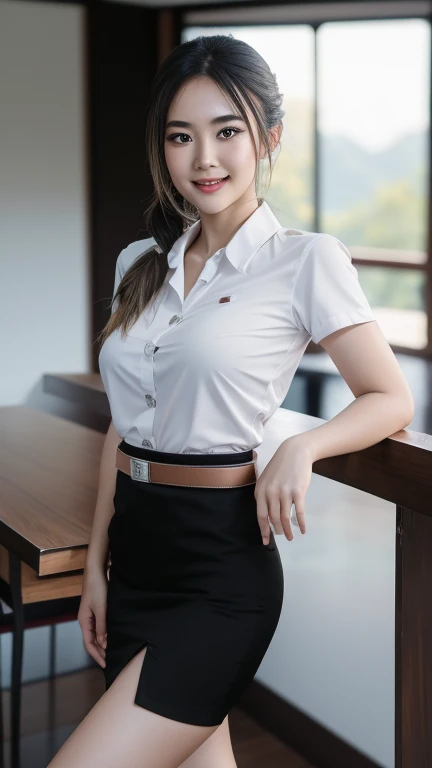 Pretty thai woman solo twin tails hair , (8k, best quality, masterpiece, ultra highres:1.2) Photo of Pretty thai woman beautiful, beautiful enchanting fashion contemporary painting with , (1girl), (white shirt short sleeves), ((black pencil skirt)), belt , blonde hair , realistic skin texture , round chin, 85 mm art lens, f 1. 2, sharp focus, 8 k high definition, insanely detailed, intricate, elegant, large breasts, big breasts , black skirt
