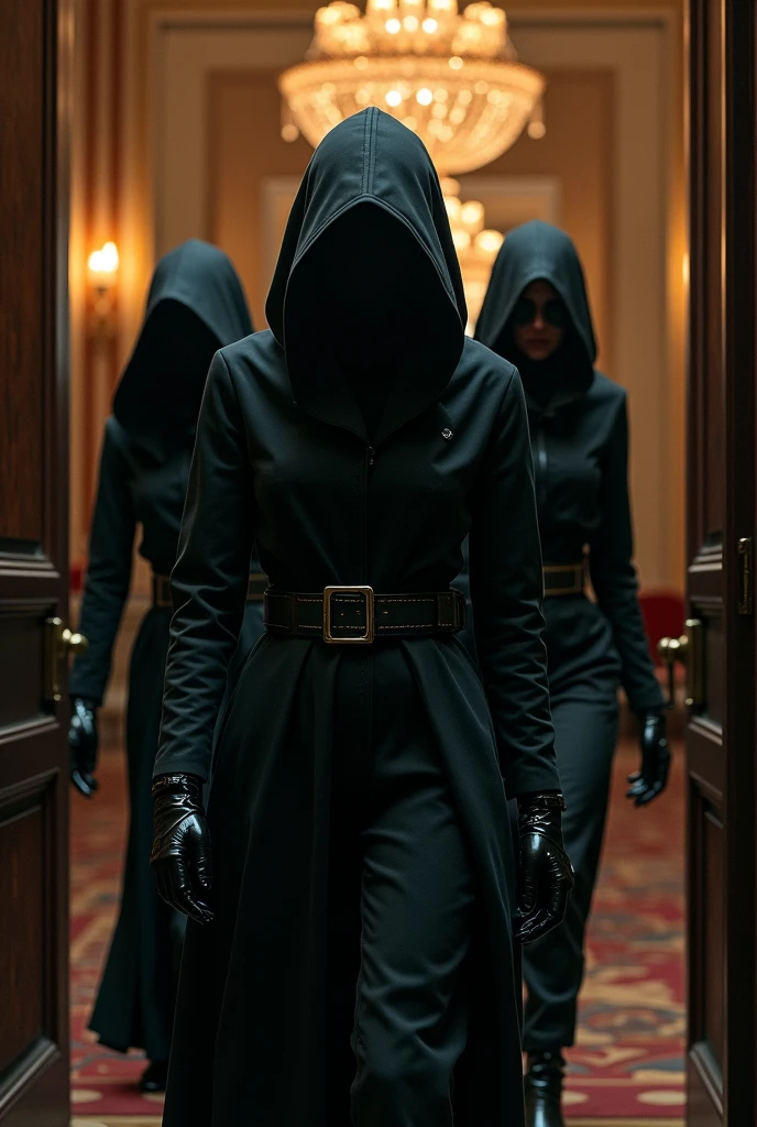 3 woman wearing a hood and wearing leather gloves Lons did she enter the casino 