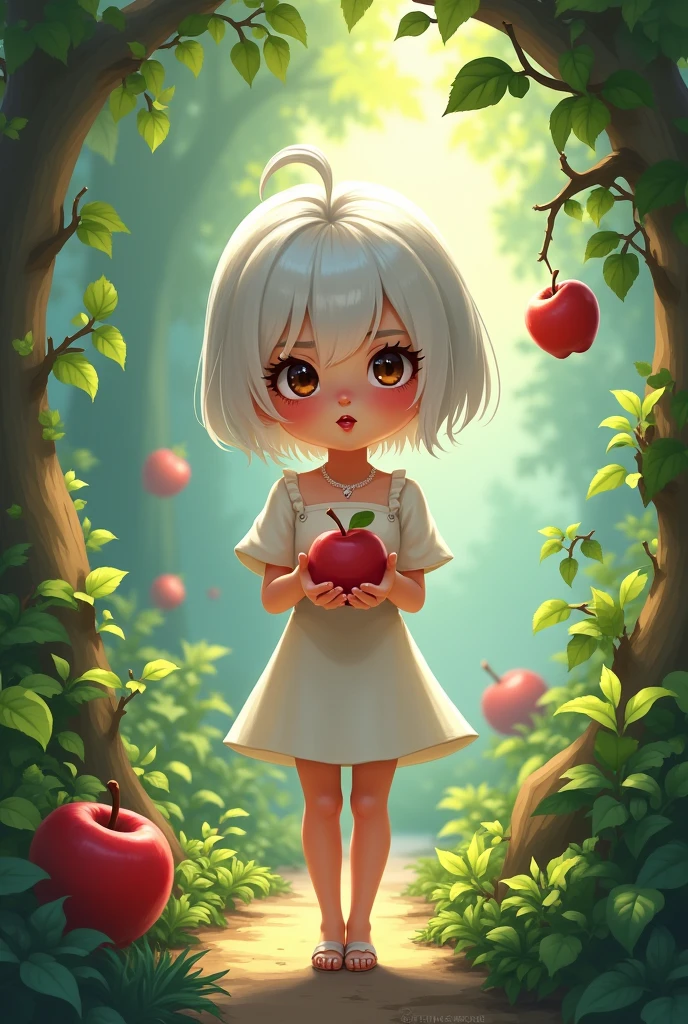 Cartoon girl image ,Barbie in the Garden of Eden short white hair ,dark brown eyes, with the forbidden fruit an apple and a pear with a seductive look in her eyes