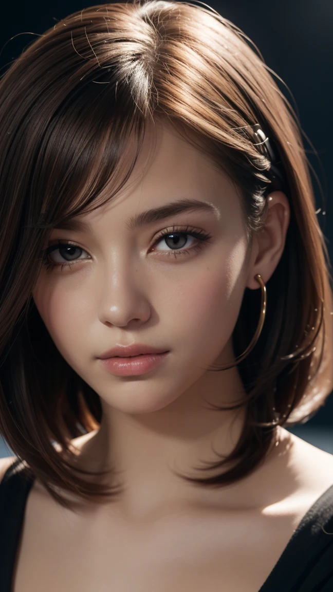 masterpiece, best quality, (extremely detailed CG unity 8k wallpaper, masterpiece, best quality, ultra-detailed, best shadow), (detailed background), (beautiful detailed face, beautiful detailed eyes), High contrast, Realistic woman, frecles, (best illumination, an extremely delicate and beautiful), short hair, hair ornament, accessories, piercing, intricate background, colorful light_particles, space, dark background,  