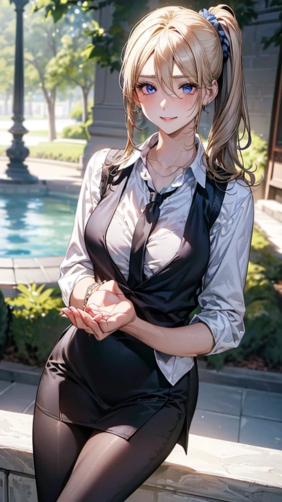 (masterpiece:1.2, top-quality), (realistic, photorealistic:1.4), beautiful illustration, (natural side lighting, movie lighting), depth of fields, (photograph), 
beautiful detailed hair, beautiful detailed face, beautiful detailed eyes, beautiful clavicle, beautiful body, beautiful chest, beautiful thigh, beautiful legs, beautiful fingers, 
looking at viewer, 1 girl, high school girl, (perfect ???????, anatomically correct, super detailed skin), perfect face, parfect eyes, cute and symmetrical face, babyface, 
(long hair, side ponytail, sidelocks, blonde hair), hair between eyes, blue eyes, slant eyes, big eyes, long eye lasher, (large breasts, seductive thighs), slender, white skin, shiny skin, 
(long sleeve white collared shirt, black socks, black vest, kneehighs, dress shirt, black dress, necklace, ), blue scrunchie, jewelry, collarbone, 
(beautiful scenery), evening, (park:1.2, fountain), standing, (lovery smile, upper eyes, parted lips), 