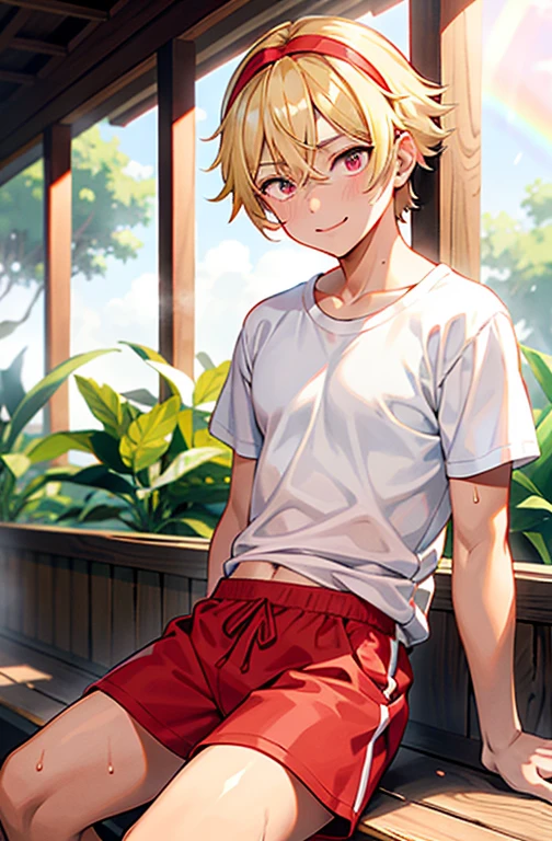 boy　boy　Blonde　Rainbow Eyes　Slender　smile　Veranda　watermelon　Fan　Sitting　Red Bandana　garden 　Red Shorts　White shirt　Wet shirt　Sweat　Summer sunshine