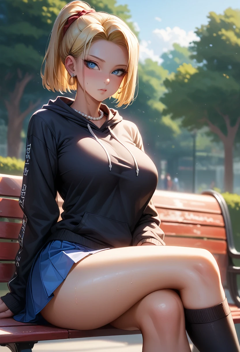 (((完美shape,shape,alone, (((hooded hoodie、Pleated skirt、Sony headphones in your ears、Thigh-high black socks、Pearl Necklace、Earrings))),(((AND18, Android 18, Blonde, blue eyes, (Ponytail Hair:1.1) ))),((masterpiece)),High resolution, ((Best quality at best)),masterpiece,quality,Best quality,Cinematic lighting、Professional work、(((Perfect looks、Detailed face、Detailed eyes、 shame、Exquisite facial features,There is light in the eyes、shame、(((Cool look))),))),型shape:1.7))),(((Light and shadow,Huge breasts))),(((Looking away)))、((Angle from directly below、Focus on the upper body、Sweating profusely))、((Sitting on the lawn in the park、Leg spread:1.2))、(Light blue striped panties:1.4、NSFW:1.4))