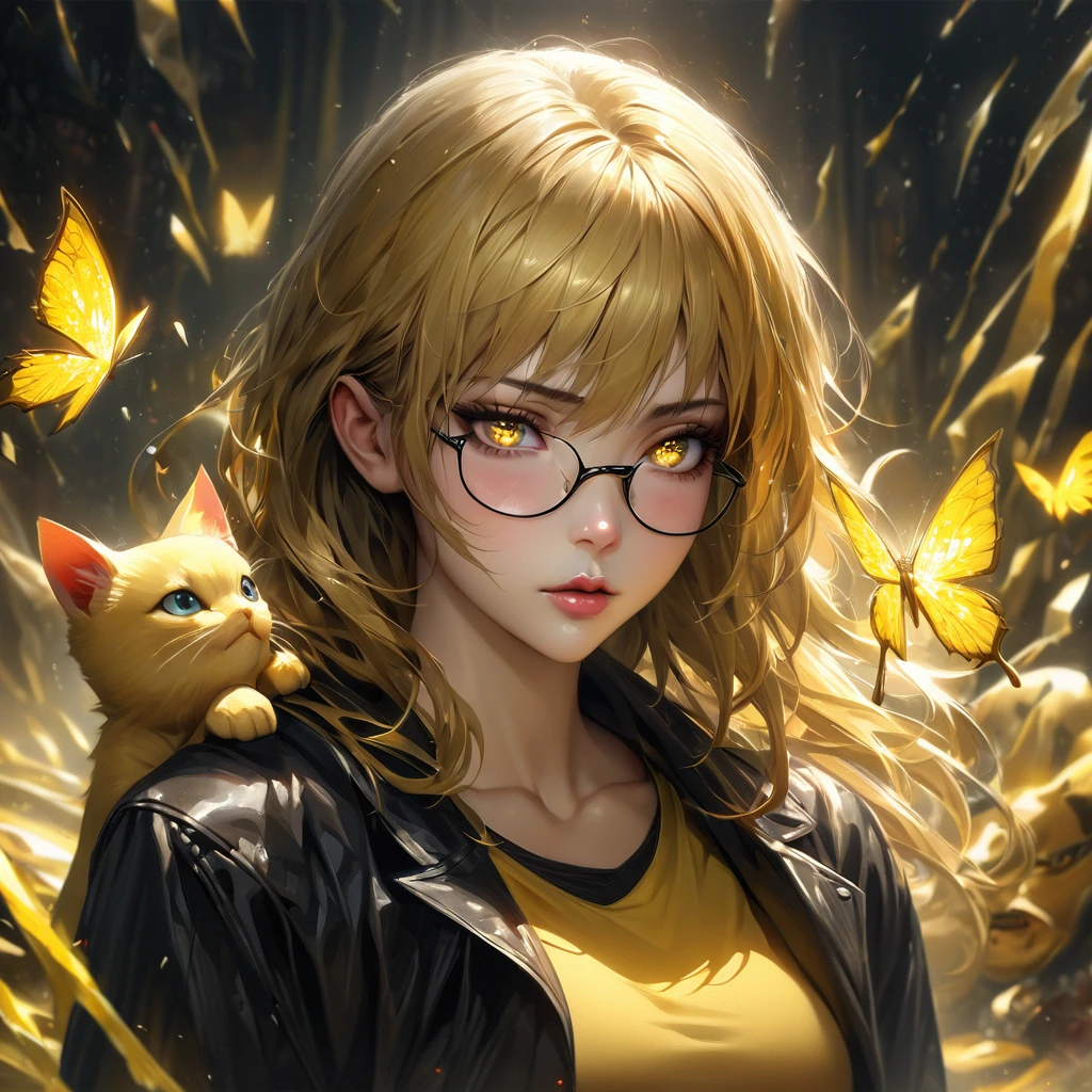 Extremely detailed, high resolution, absurd, HDR, masterpiece, Fushiguro Megumi, black and yellow Hair, Expressive yellow eyes, Jiu Jitsu Kaiba, Black long coat, yellow Ice flowers, petal, Very beautiful, Sexy girl, Solitary, Extremely detailed eyes and face, yellow Ice, yellow Ice sparkling butterflies, yellow T-shirt, Realistic face, sparkling, sparkling eyes, yellow cat, long with yellow and black highlights hair,wear glasses