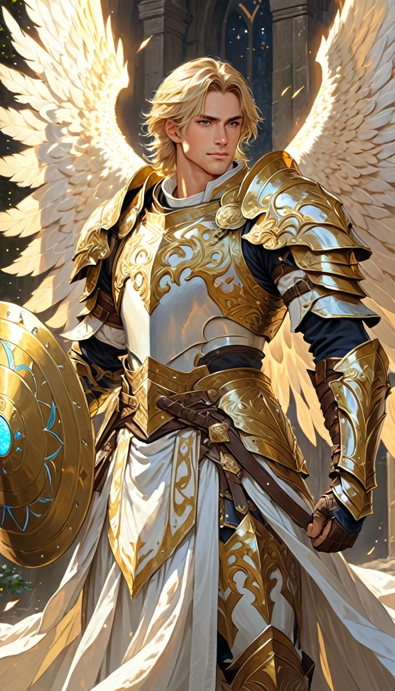 dungeons and dragons, character design, best quality, masterpiece, extremely detailed, 30 year old, masculine, male aasimar, short middle parting hair, protector paladin, massive angel wings, heavy plate armor, glowing celestial runes, flowy tabard, greatsword, ornate shield, perfect face, perfect hands, perfection