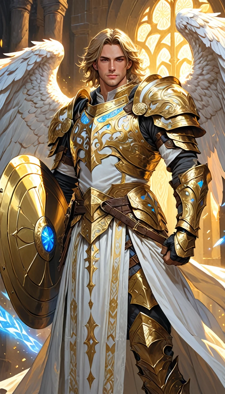 dungeons and dragons, character design, best quality, masterpiece, extremely detailed, 30 year old, masculine, male aasimar, short middle parting hair, protector paladin, massive angel wings, heavy plate armor, glowing celestial runes, flowy tabard, greatsword, ornate shield, perfect face, perfect hands, perfection