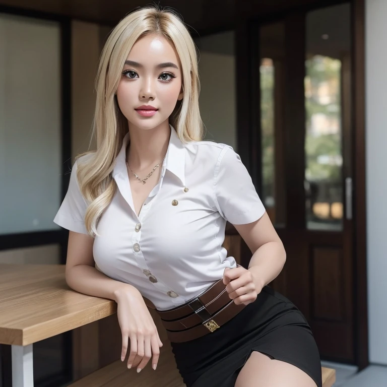 Pretty thai woman blonde hair , (8k, best quality, masterpiece, ultra highres:1.2) Photo of Pretty thai woman beautiful, beautiful enchanting fashion contemporary painting with , (1girl), (white shirt short sleeves), ((black pencil skirt)), belt , blonde hair , realistic skin texture , round chin, 85 mm art lens, f 1. 2, sharp focus, 8 k high definition, insanely detailed, intricate, elegant, large breasts, big breasts , black skirt 