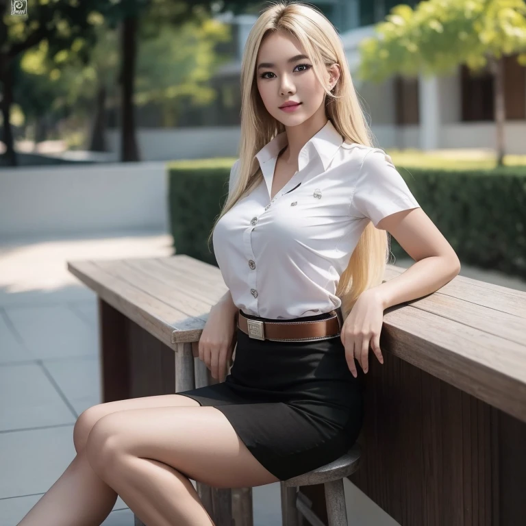 Pretty thai woman blonde hair , (8k, best quality, masterpiece, ultra highres:1.2) Photo of Pretty thai woman beautiful, beautiful enchanting fashion contemporary painting with , (1girl), (white shirt short sleeves), ((black pencil skirt)), belt , blonde hair , realistic skin texture , round chin, 85 mm art lens, f 1. 2, sharp focus, 8 k high definition, insanely detailed, intricate, elegant, large breasts, big breasts , black skirt 