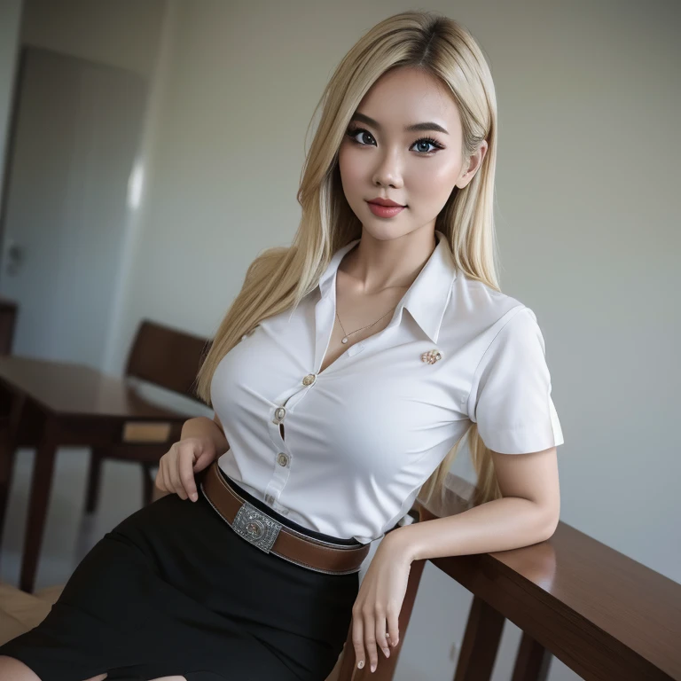 from above POV of super hot Vietnamese American woman with blonde hair, slim thick figure, kneeling and wearing a fully unbuttoned wet white shirt, showing her . Gorgeous face. She’s giving her boss a blowjob. Realistic shadows. The background is a warm tone, bokeh, modern office in new york with light leaks.