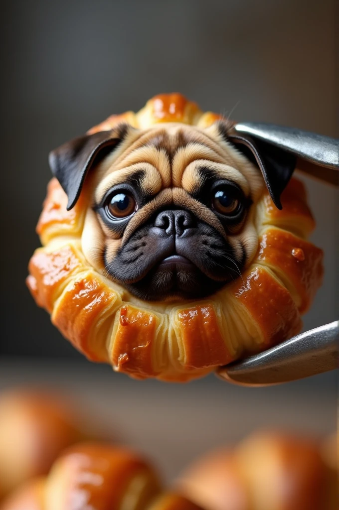 A croissant with a pug's face on it being held with tongs