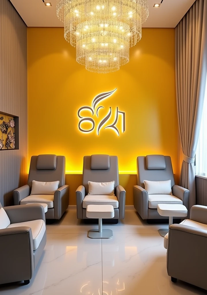 View from of the nail spa with yellow tones accented with gray or white, installed with a warm golden light crystal chandelier, with the spa big logo on the wall behind, some Nail chair for pedicure