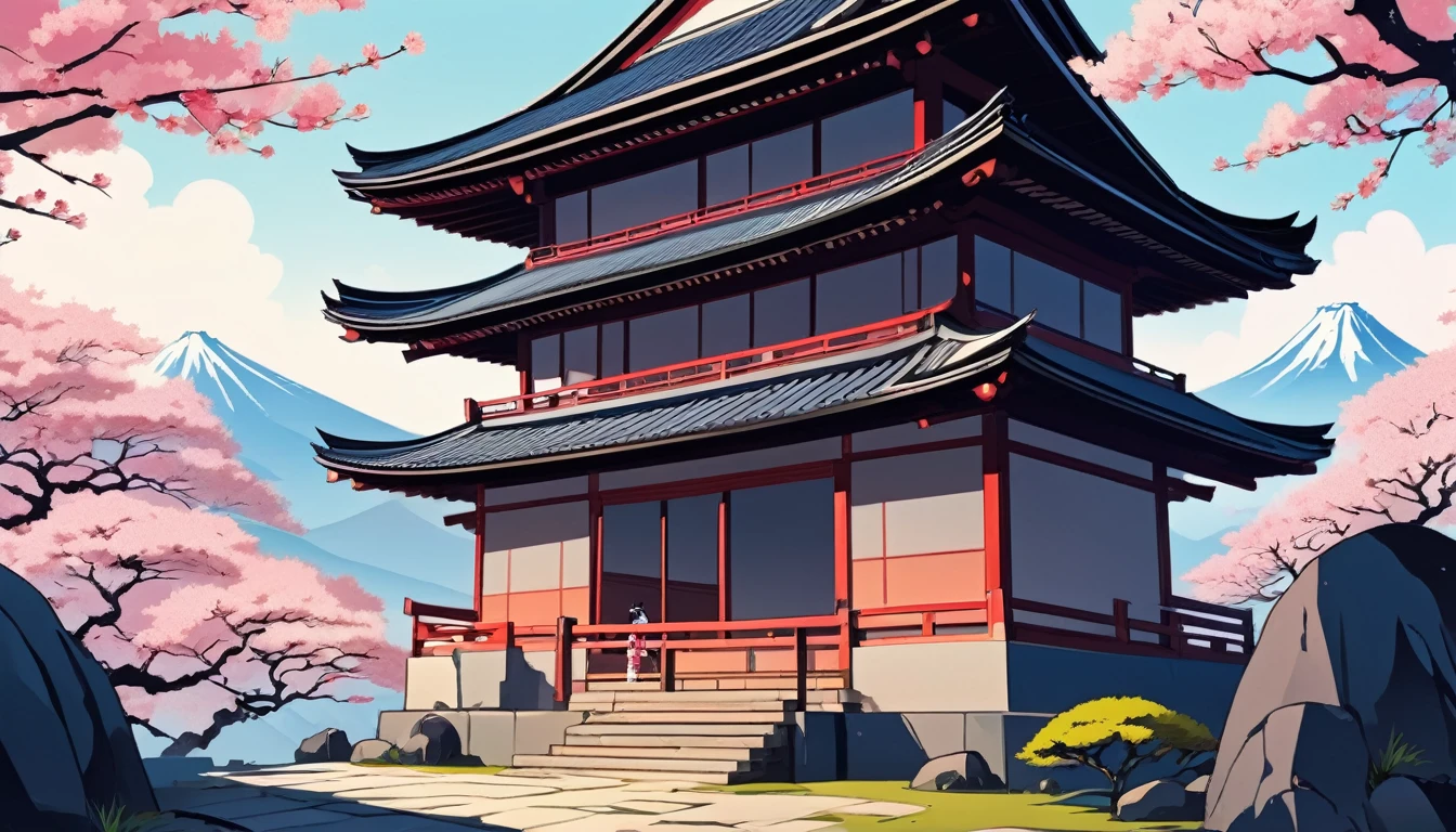 Ink Painting,Female samurai,, Modern ukiyo-e style, cherry blossoms, Fuji Mountain, Japanese Temple, Wide-angle lens, Lofi Anime, Illustration of Rofi, Aesthetic atmosphere, Roffi style, Vector art, Flat Design, Simple shape, Warm tones, Pleasant atmosphere, Chill, In anime style, Digital drawing, Vector art, Vector logo for t-shirt printing, (Adorable:1.5), (small:1.4), (Playful:1.2), (soft:1.3), (Whimsical:1.1), masterpiece, Highest quality, 8k, Intricate details, grow, Celestial, Mysterious, Picturesque, amazing, Majestic,