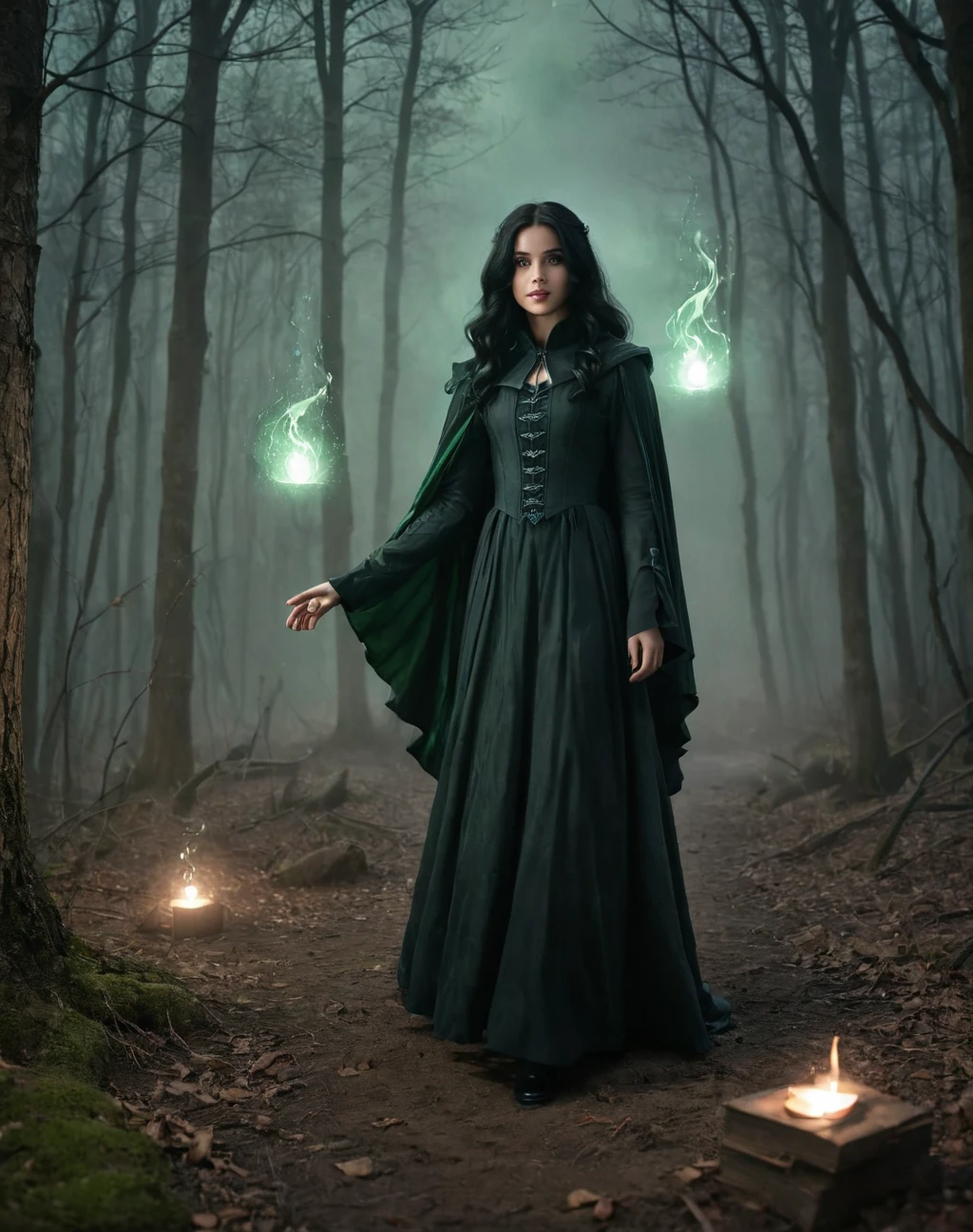  girl, daughter of severus snape,long black hair,  Evil wizard in a clearing in the middle of a cursed forest, black art, Ancient spell book, Swirling smoke, menacing smile, Mysterious cloak, glare green eyes, eerie atmosphere, lightnings, imposing castle, stormy night, Twisted team, enchanted forest, Ominous shadows, flying bats, guffaws, casting spells, magical potions, hidden lair, Mystical powers, Sinister intentions, Malevolent Aura, disturbing presence, black art, Engraved runes, cursed artifacts, Secret Rituals, supernatural energy, Corrupted souls, twisted creatures, forbidden knowledge, shrouded in darkness, ethereal glow, sinister whispers, disastrous plans, Ghostly apparitions, ominous prophecies, Enchanted victims, Evil Sorcery, supernatural forces (master part), best quality, expressive eyes, face perfect
