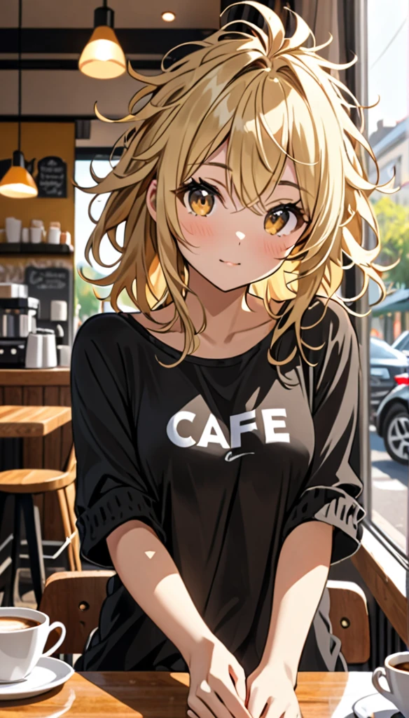 Beautiful and blond, messy hair, wearing black, casual clothes, morning, free arms, cafe, looking at the viewer,