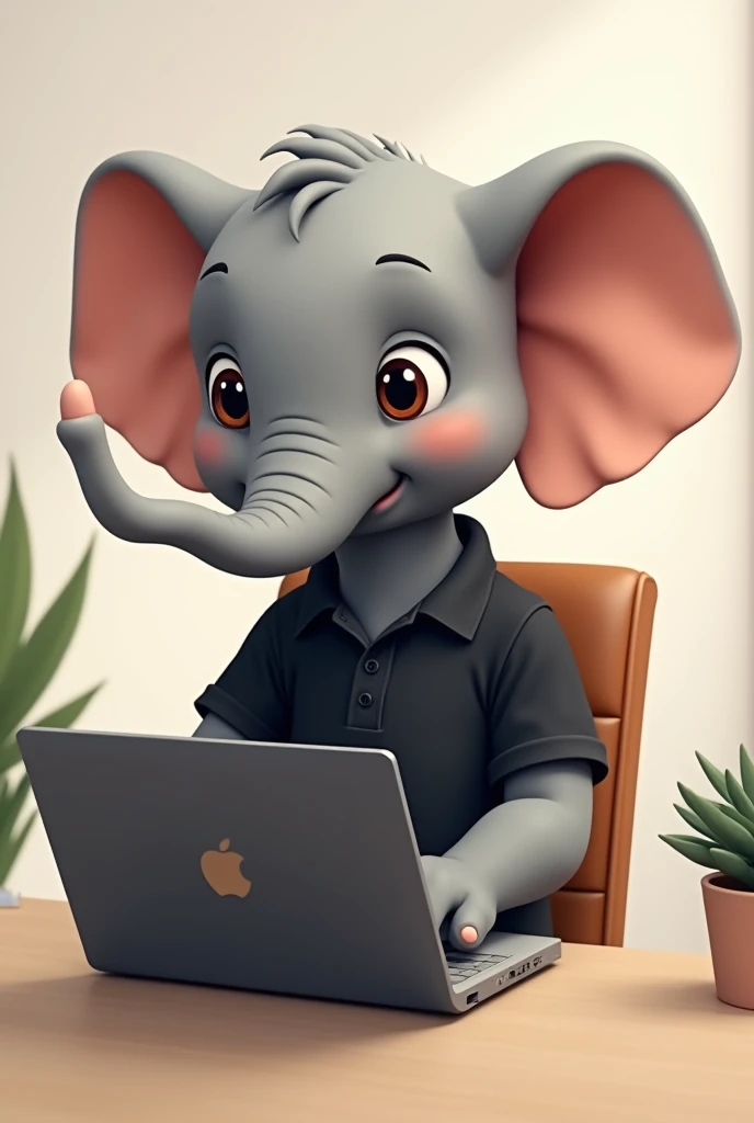 Cute animated elephant in black polo shirt with a laptop