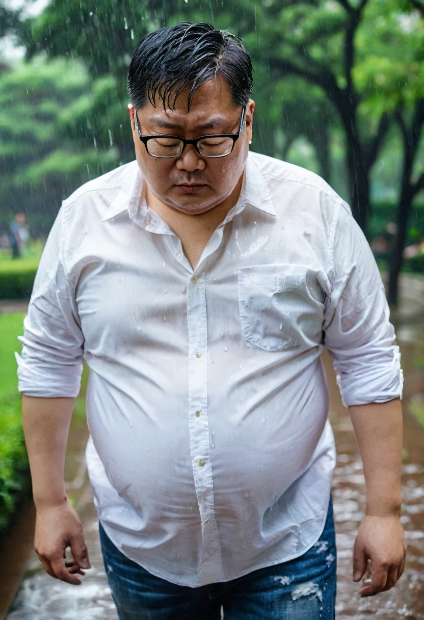 Man, Asian, 50 years old, Fat, Chubby, wearing glasses,( Put on a thin, white shirt, Unbutton the shirt ), wearing Jeans, in the park, Wet, stained, Raining, looking sad, beautiful lighting, Top view.