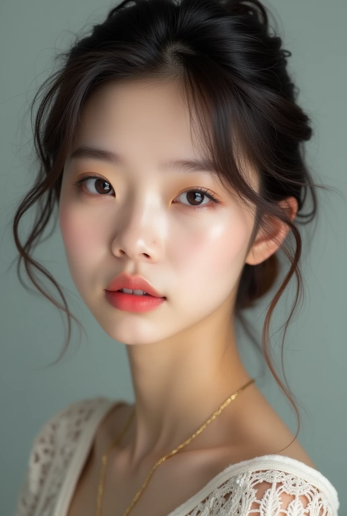 Realistic image of a Korean woman with fair skin. 