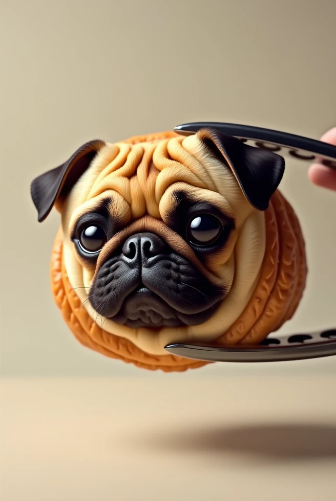 Side view of a croissant with a pug's face being held with tongs
