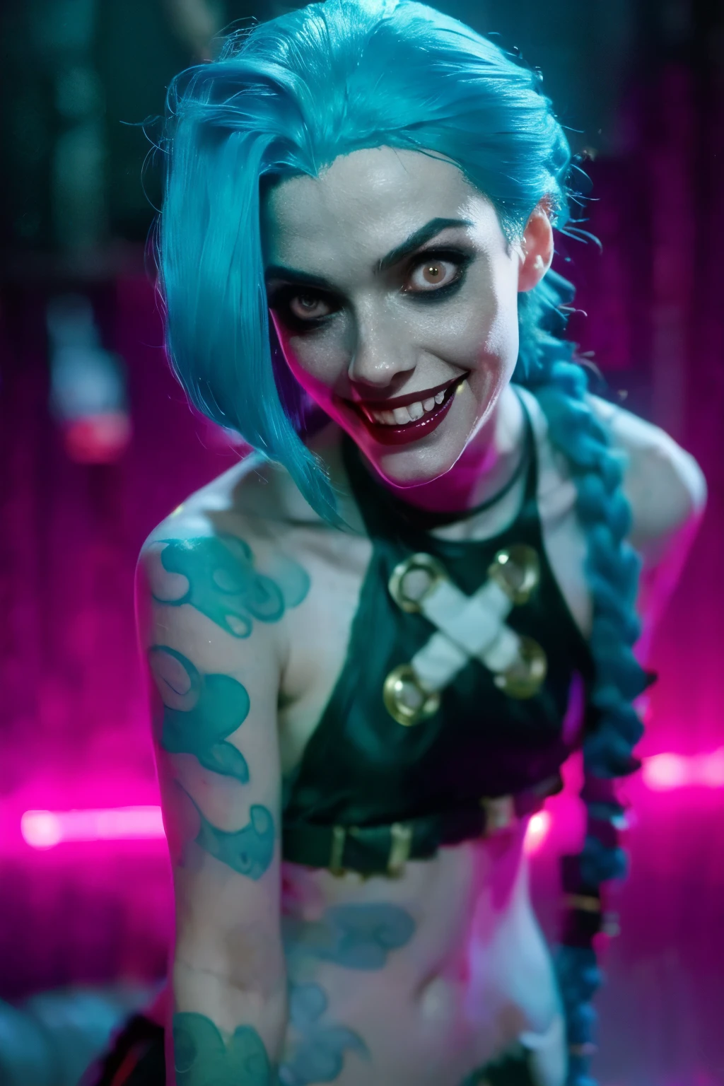 Hyper realistic super detailed Jinx cosplay ,((  girl, 15 yeVery detailed, (hyper realistic: 1.4), ((in dynamic sensual pose, holding a granade)) , ((angry face)) , twin braids, long hair, blue hair, red eyes, (((blue tattoo on arm))) , ((skinny body)) , (((psycho face, creppy smiling) )), arcane style. ((Grunge Neon grafitti background, cinematic lighting)).