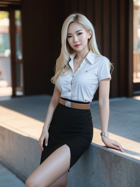 Pretty thai woman blonde hair , (8k, best quality, masterpiece, ultra highres:1.2) Photo of Pretty thai woman beautiful, beautiful enchanting fashion contemporary painting with , (1girl), (white shirt short sleeves), ((black pencil skirt)), belt , blonde hair , realistic skin texture , round chin, 85 mm art lens, f 1. 2, sharp focus, 8 k high definition, insanely detailed, intricate, elegant, large breasts, big breasts , black skirt 