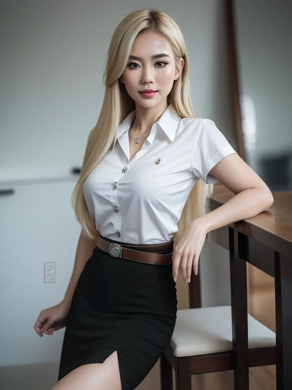 Pretty thai woman blonde hair , (8k, best quality, masterpiece, ultra highres:1.2) Photo of Pretty thai woman beautiful, beautiful enchanting fashion contemporary painting with , (1girl), (white shirt short sleeves), ((black pencil skirt)), belt , blonde hair , realistic skin texture , round chin, 85 mm art lens, f 1. 2, sharp focus, 8 k high definition, insanely detailed, intricate, elegant, large breasts, big breasts , black skirt