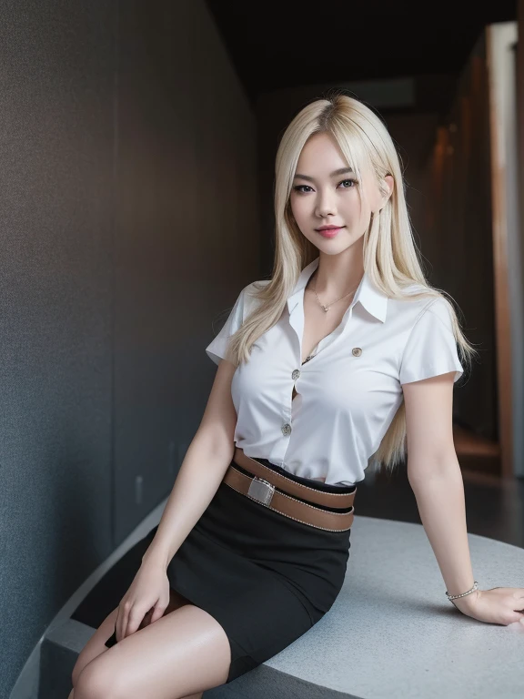 Pretty thai woman blonde hair , (8k, best quality, masterpiece, ultra highres:1.2) Photo of Pretty thai woman beautiful, beautiful enchanting fashion contemporary painting with , (1girl), (white shirt short sleeves), ((black pencil skirt)), belt , blonde hair , realistic skin texture , round chin, 85 mm art lens, f 1. 2, sharp focus, 8 k high definition, insanely detailed, intricate, elegant, large breasts, big breasts , black skirt 