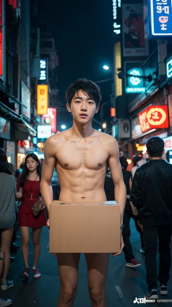 Under the night sky of a vibrant Seoul, a charming naked Korean teenage boy with handsome faces and round eyes exudes an aura of innocence and mischief. stylish comma hair softly catches the glow of neon lights as he naked , embarrassed, hide his penis and lower body by wearing dirty small cardboard box,The scene is bustling with the energy of the city, where passersby glance curiously, creating a captivating contrast of youthfulness and urban life. The atmosphere is both whimsical and slightly surreal, blending elements of street art and contemporary fashion photography, showcasing the juxtaposition of embarrassment and carefree spirit in this enchanting moment.