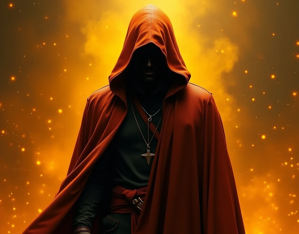 
male character, dark, hood, strong, orange and yellow colors