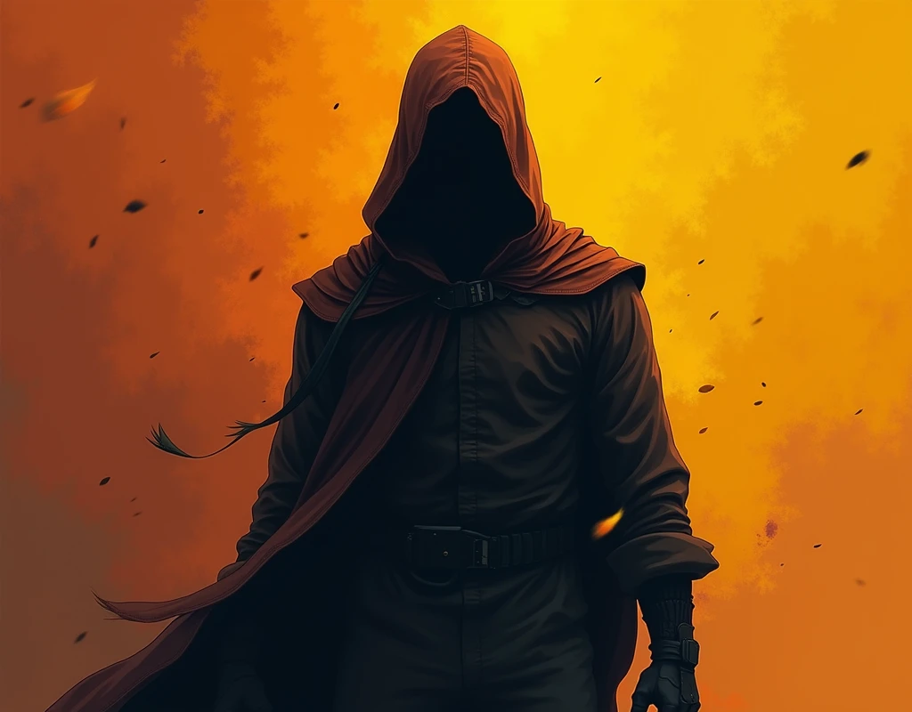
male character, dark, hood, strong, orange and yellow colors