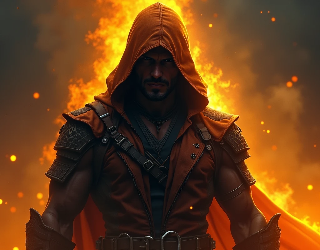 
male character, dark, hood, strong, orange and yellow colors